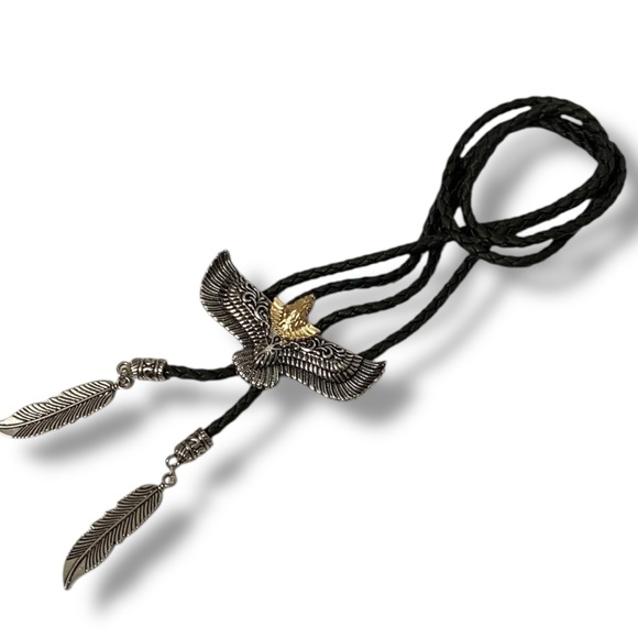 Flying Eagle Gold and Silver Black Braided Rope Bolo Necktie Necklace NEW - Picture 2 of 4